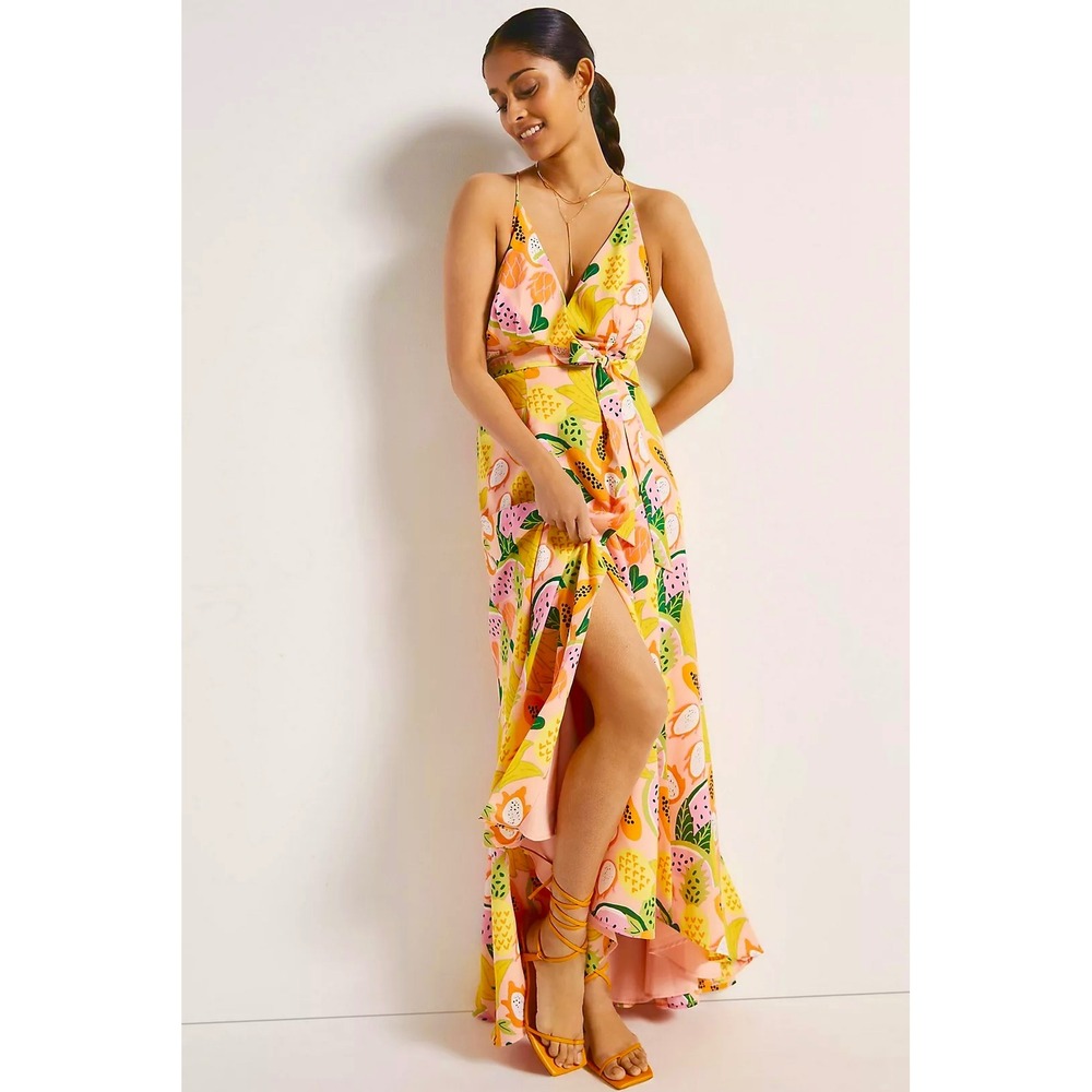 Anthropologie Hutch High-Low Wrap fruit print Dress Size L tropical vibrant cute